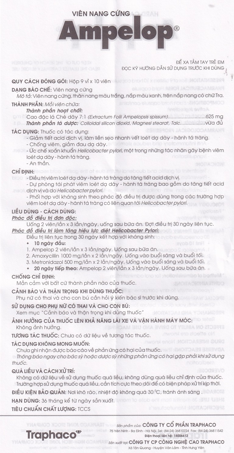 Thuốc Ampelop 625mg Traphaco điều trị viêm loét dạ dày, hành tá tràng (9 vỉ x 10 viên)