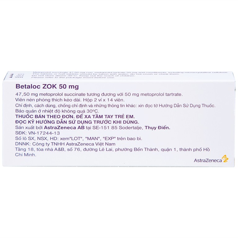 Thuốc Betaloc Zok 50mg AstraZeneca điều trị tăng huyết áp (2 vỉ x 14 viên)