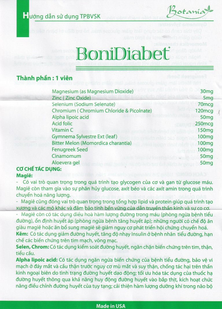 Viên uống BoniDiabet Botania hỗ trợ điều trị bệnh tiểu đường, làm giảm glucose máu (60 viên)