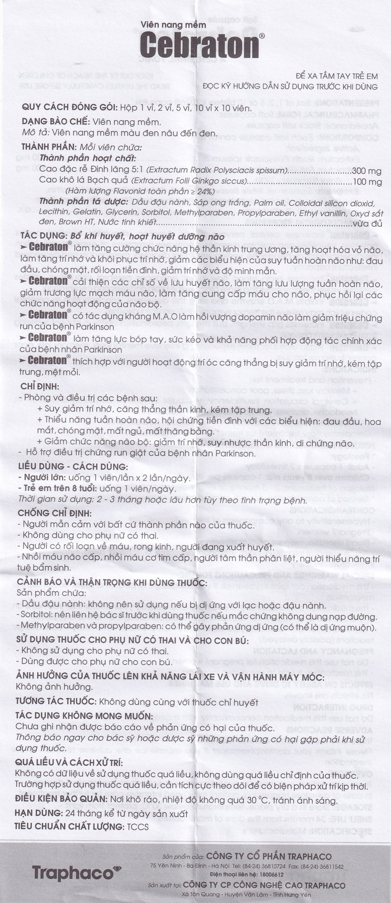 Thuốc Cebraton Traphaco bổ khí huyết, hoạt huyết dưỡng não (5 vỉ x 10 viên)