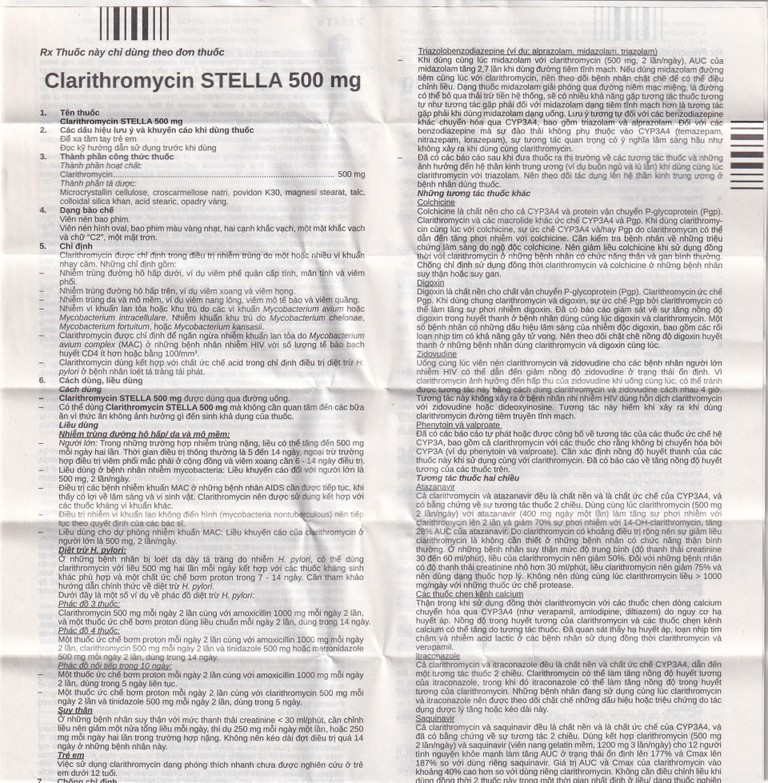 Thuốc Clarithromycin Stella 500mg điều trị nhiễm trùng (4 vỉ x 7 viên)