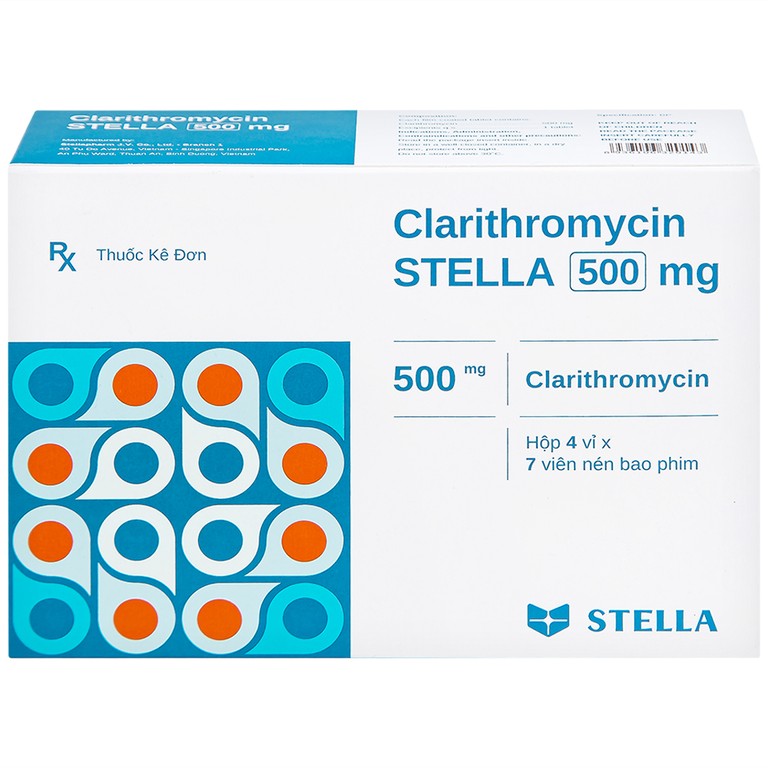 Thuốc Clarithromycin Stella 500mg điều trị nhiễm trùng (4 vỉ x 7 viên)