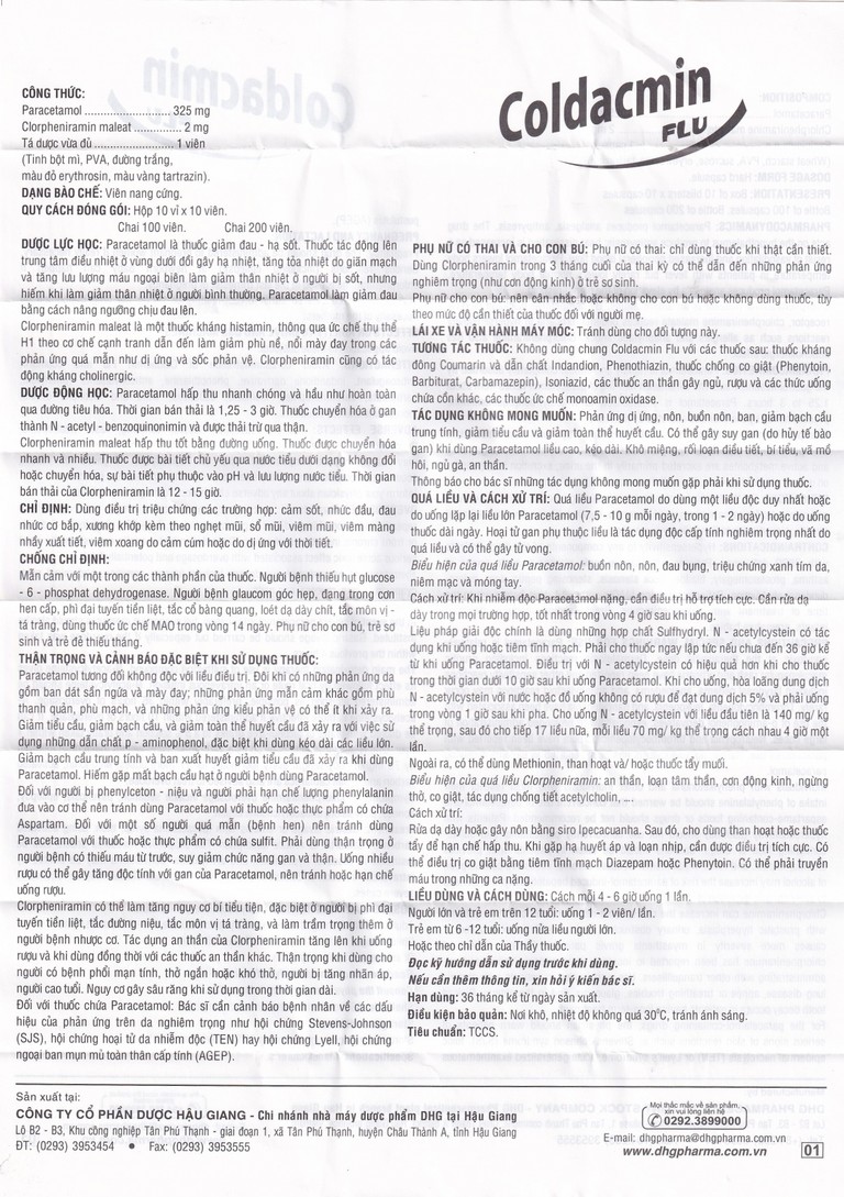 Thuốc Coldacmin Flu DHG điều trị triệu chứng cảm sốt, nhức đầu, đau nhức cơ bắp (10 vỉ x 10 viên)