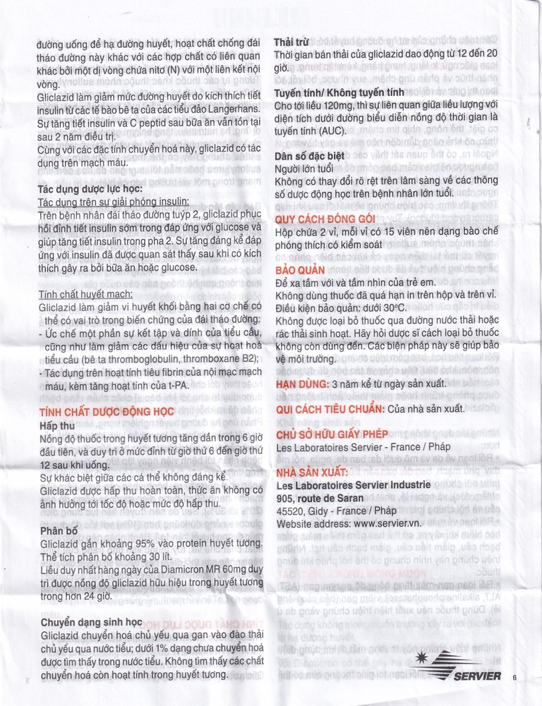 Thuốc Diamicron MR 60mg Servier điều trị tiểu đường típ 2 (2 vỉ x 15 viên)
