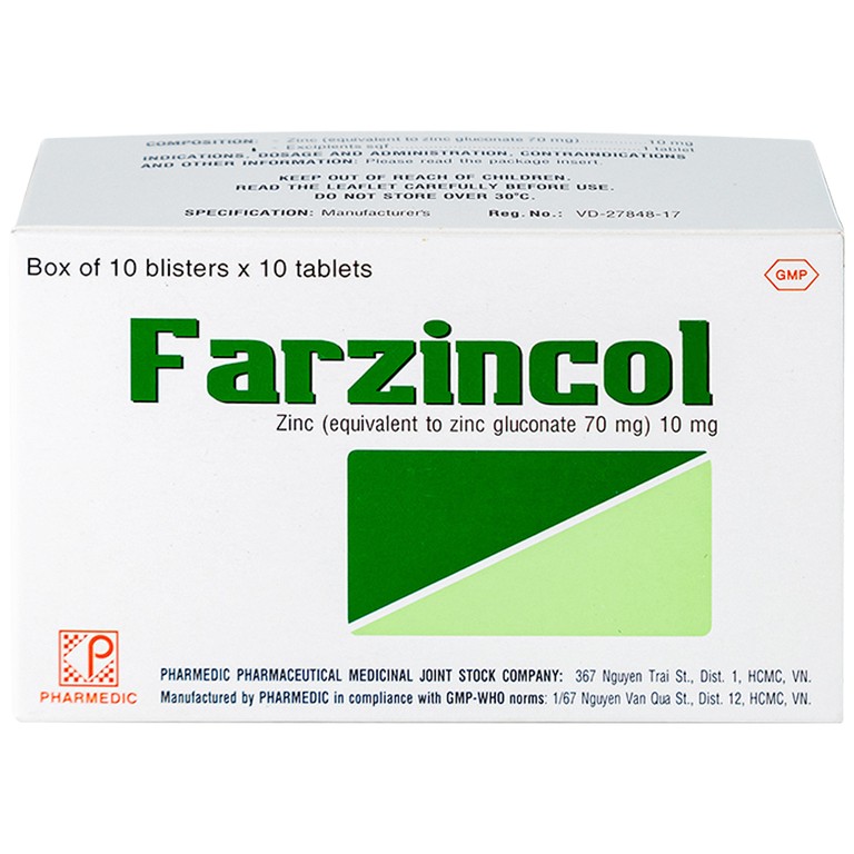 Thuốc Farzincol Pharmedic điều trị thiếu kẽm (10 vỉ x 10 viên)