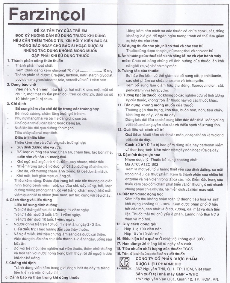 Thuốc Farzincol Pharmedic điều trị thiếu kẽm (10 vỉ x 10 viên)