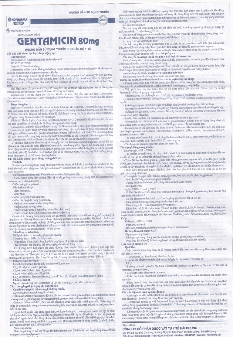Dung dịch tiêm Gentamicin 80mg HDPharma điều trị nhiễm khuẩn nặng (10 ống x 2ml)