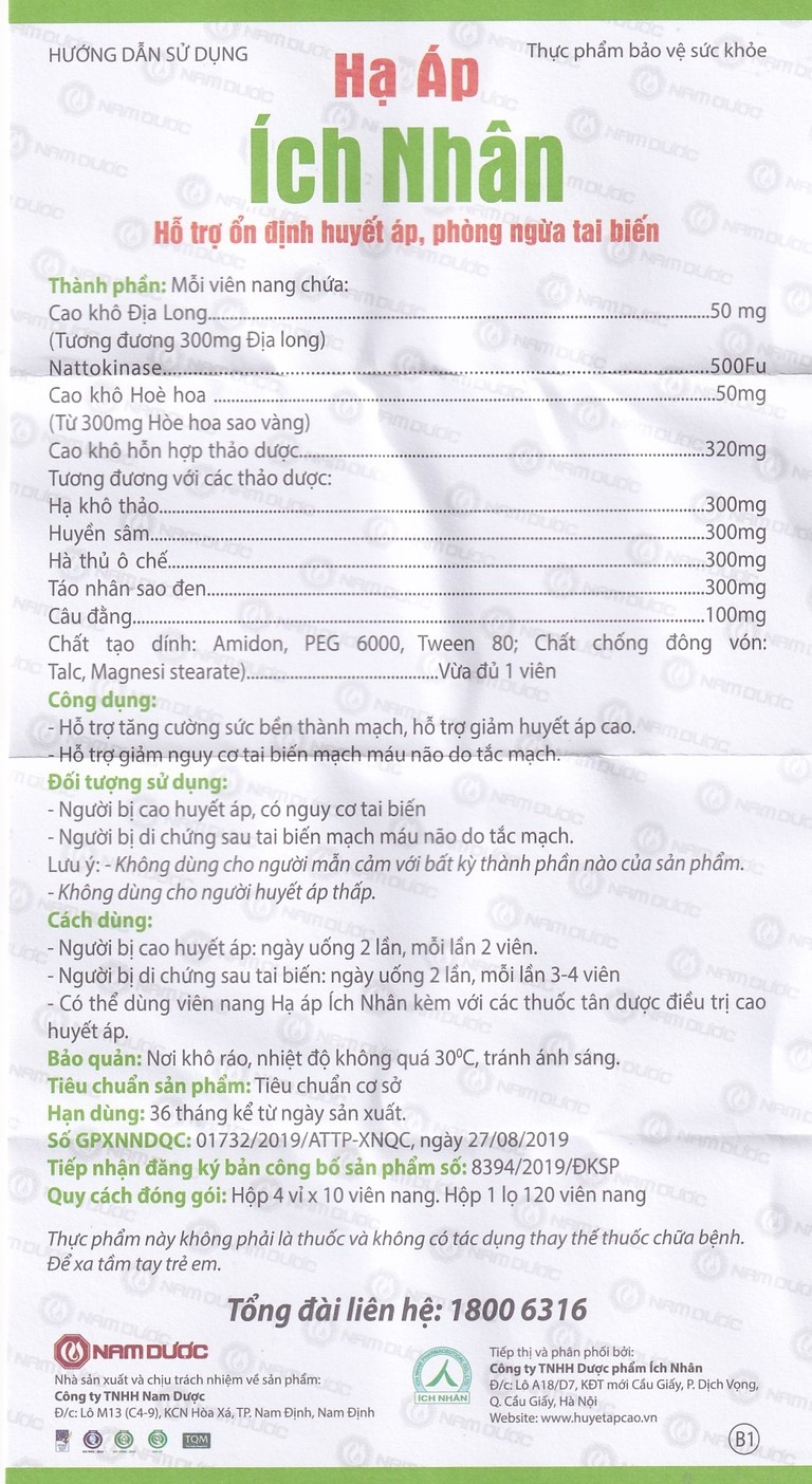 Viên uống Hạ Áp Ích Nhân Nam Dược hỗ trợ hạ huyết áp, giảm nguy cơ tai biến (4 vỉ x 10 viên)