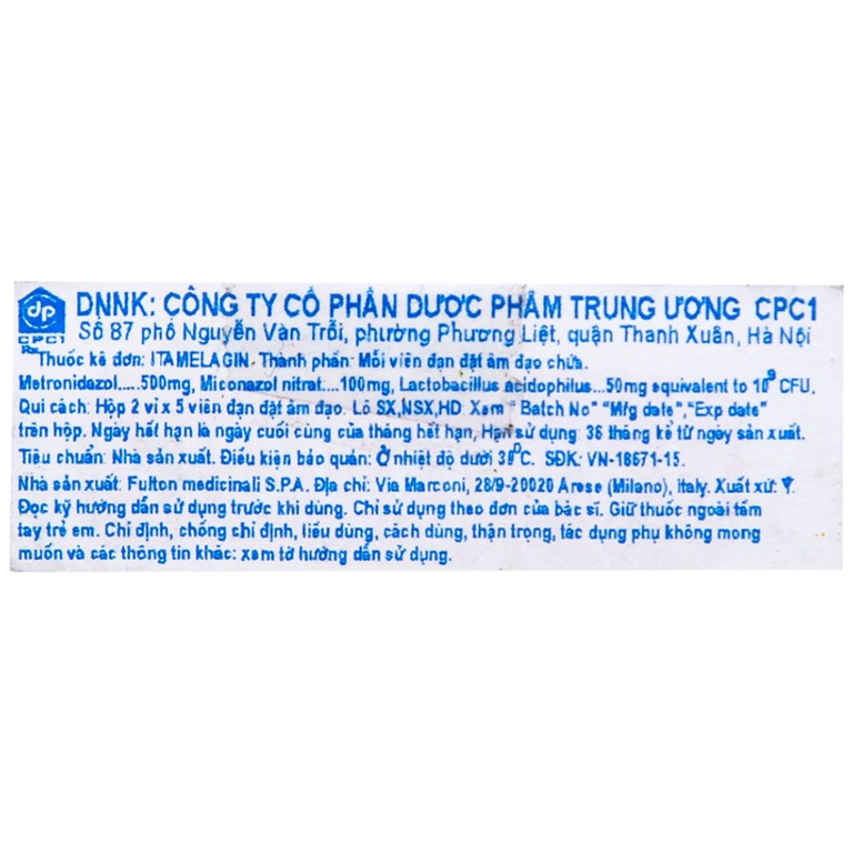 Thuốc Itamelagin 500mg điều trị nhiễm nấm candida âm đạo (10 viên)