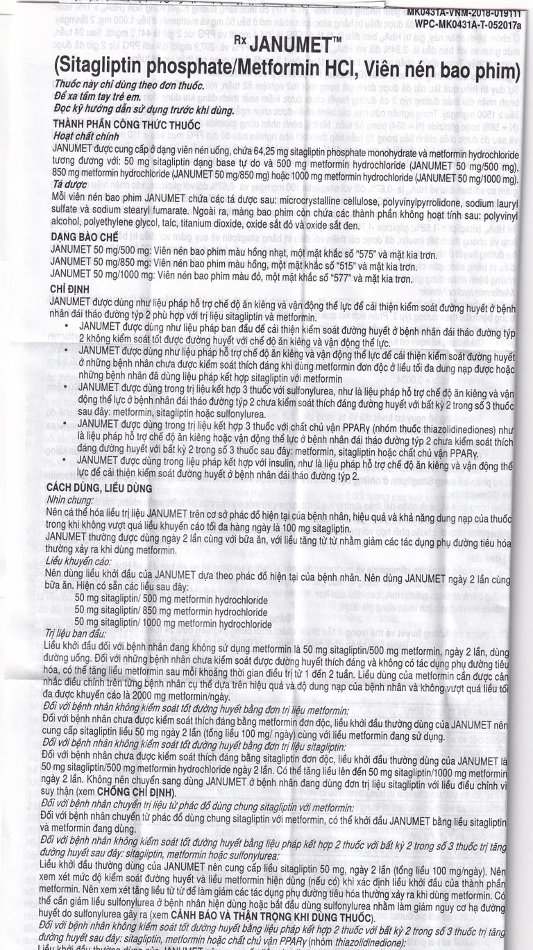 Viên nén Janumet 50mg/500mg MSD điều trị đái tháo đường típ 2 (4 vỉ x 7 viên)