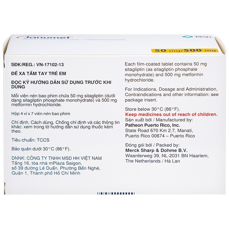 Viên nén Janumet 50mg/500mg MSD điều trị đái tháo đường típ 2 (4 vỉ x 7 viên)
