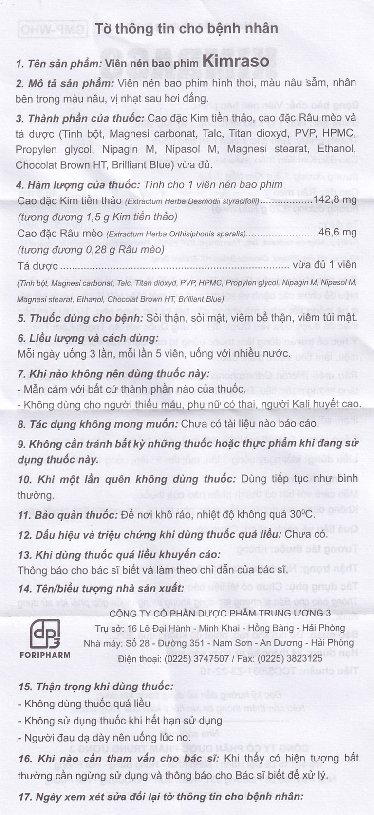 Viên nén Kimraso Forifarm điều trị sỏi thận, sỏi mật, viêm bể thận, viêm túi mật (60 viên)