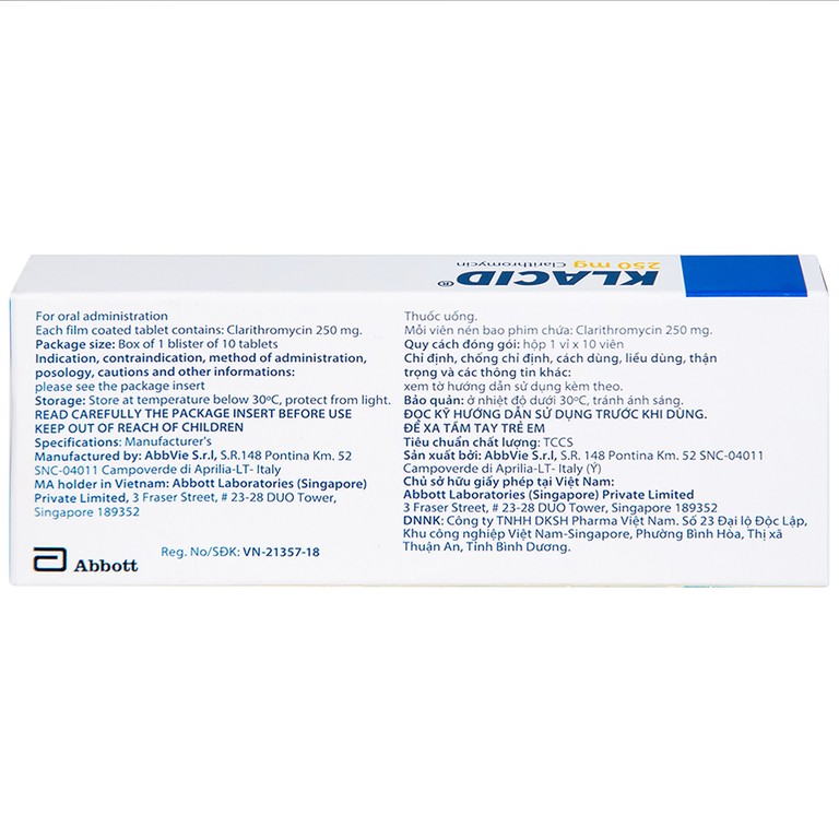 Viên nén Klacid 250mg Abbott điều trị viêm amidan, viêm tai giữa, viêm xoang cấp (1 vỉ x 10 viên)