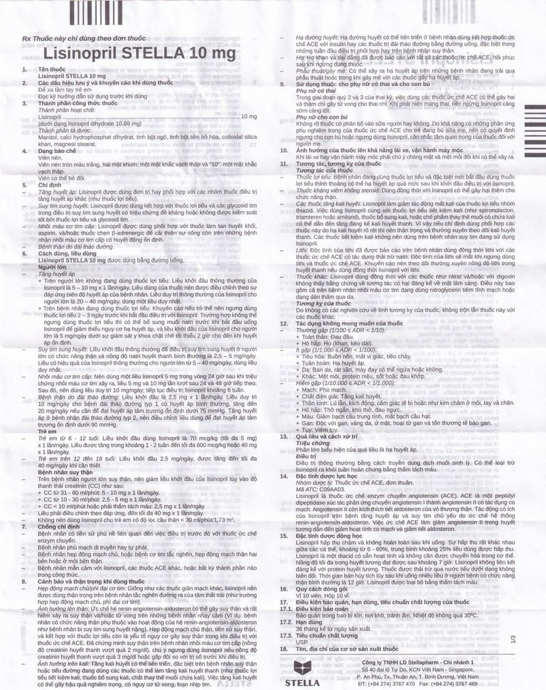 Viên nén Lisinopril Stella 10mg điều trị tăng huyết áp, suy tim sung huyết (10 vỉ x 10 viên)