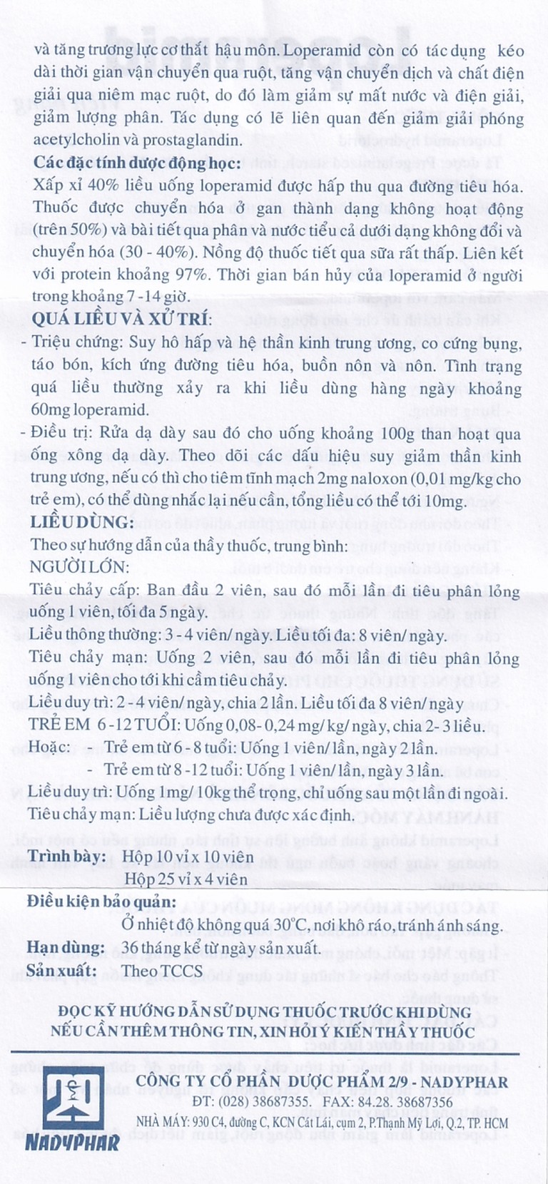 Viên nang cứng Loperamid 2mg Nadyphar điều trị triệu chứng tiêu chảy cấp tính và mạn tính (10 vỉ x 10 viên)