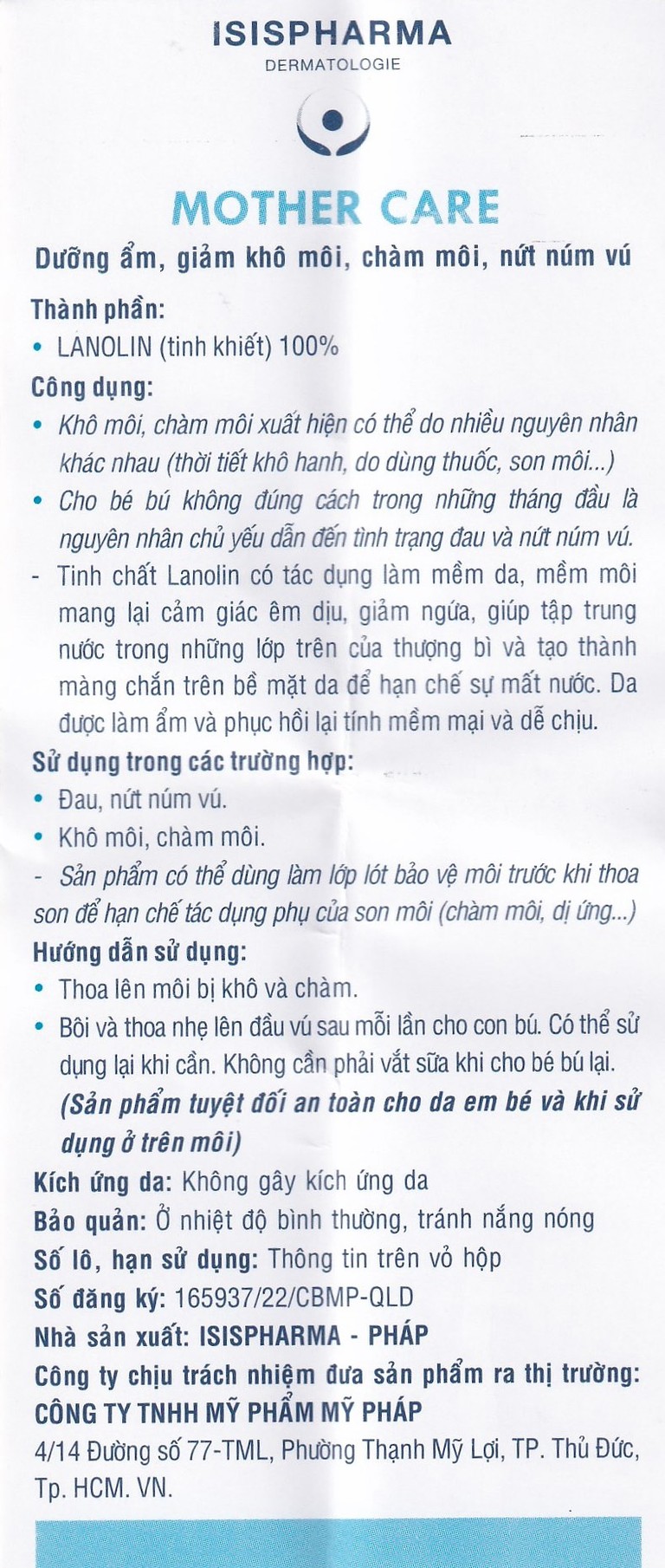 Kem Isis Pharma Mothercare dưỡng ẩm, giảm khô môi, chàm môi, nứt núm vú (15ml)