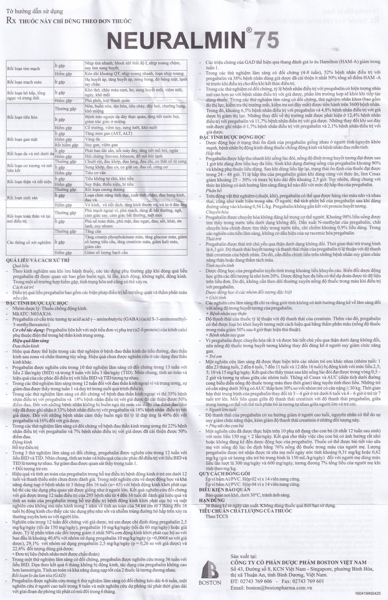 Viên nang cứng Neuralmin 75 Boston Pharma điều trị đau thần kinh, động kinh, rối loạn lo âu (2 vỉ x 14 viên)