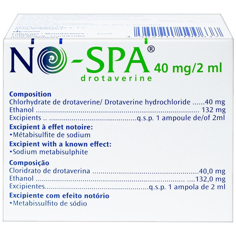 Dung dịch tiêm No-Spa 40mg/2ml Sanofi chống co thắt cơ, điều trị sỏi túi mật, sỏi ống mật (5 vỉ x 5 ống x 2ml)