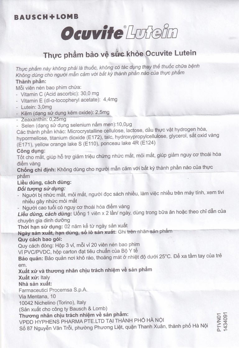 Viên nén Ocuvite Lutein Bausch & Lomb hỗ trợ tăng cường thị lực (3 vỉ x 20 viên)
