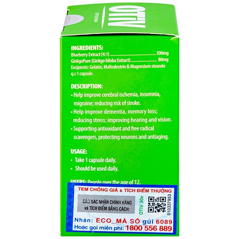 Viên uống OTiV Ecogreen giúp tăng cường dưỡng chất cho não (30 viên)