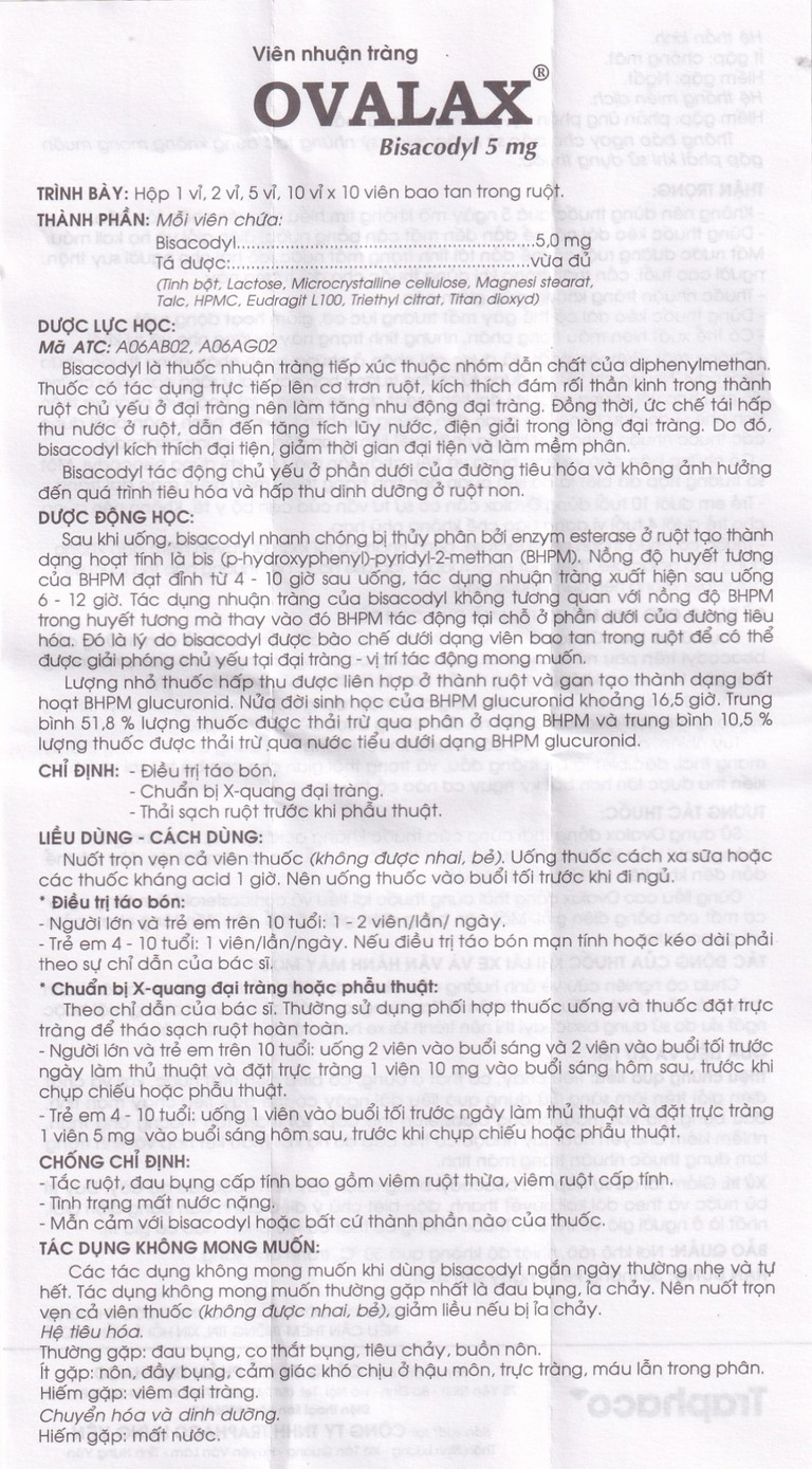 Viên nhuận tràng Ovalax 5mg Traphaco điều trị táo bón, làm sạch ruột (1 vỉ x 10 viên)