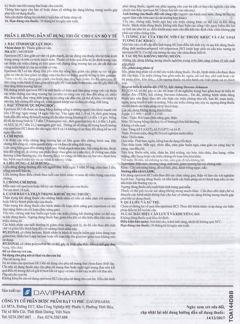 Thuốc Ryzonal Davipharm điều trị hội chứng đốt sống cổ, viêm quanh khớp vai (6 vỉ x 10 viên)