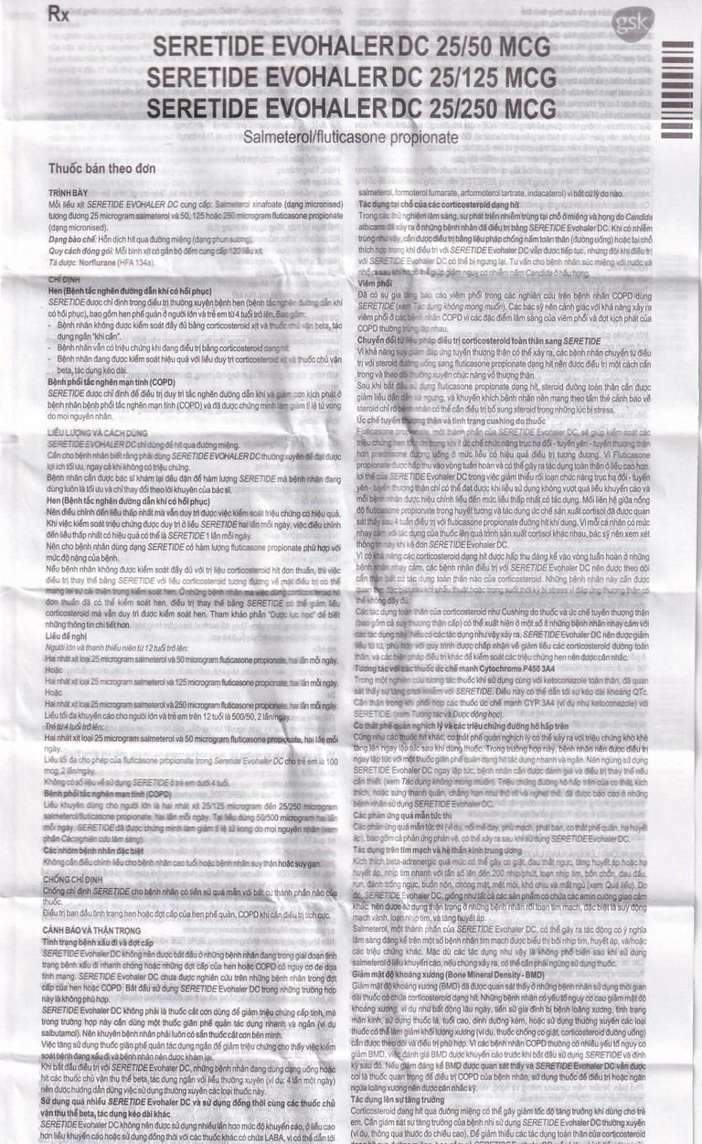 Khí dung Seretide Evohaler DC 25/125 Gsk điều trị hen phế quản, tắc nghẽn phổi mạn tính (120 liều)