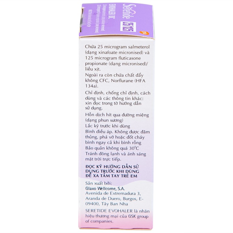 Khí dung Seretide Evohaler DC 25/125 Gsk điều trị hen phế quản, tắc nghẽn phổi mạn tính (120 liều)