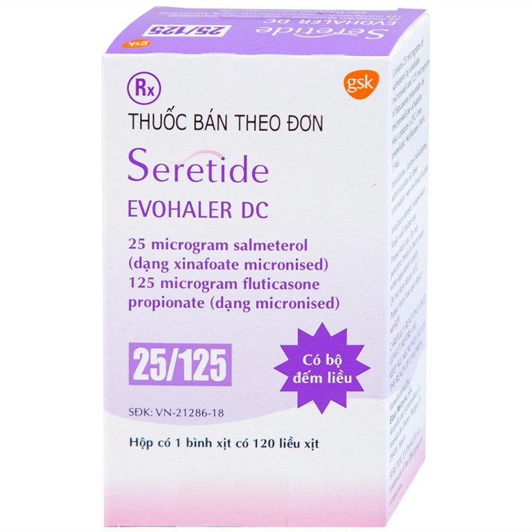 Khí dung Seretide Evohaler DC 25/125 Gsk điều trị hen phế quản, tắc nghẽn phổi mạn tính (120 liều)