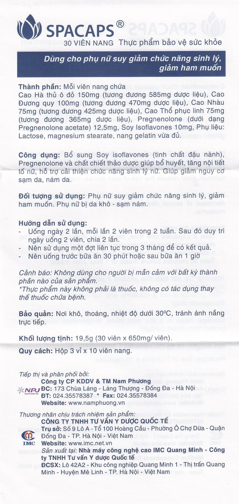 Viên uống Spacaps IMC giúp bổ huyết, tăng nội tiết tố nữ (3 vỉ x 10 viên)