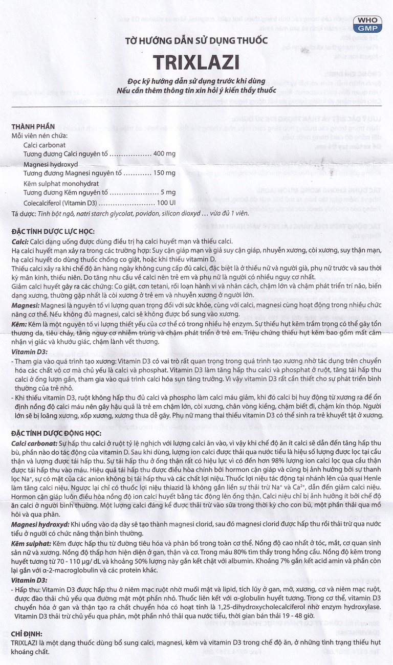 Thuốc Trixlazi DaviPharm bổ sung canxi, magnesi, kẽm và Vitamin D3 (3 vỉ x 10 viên)