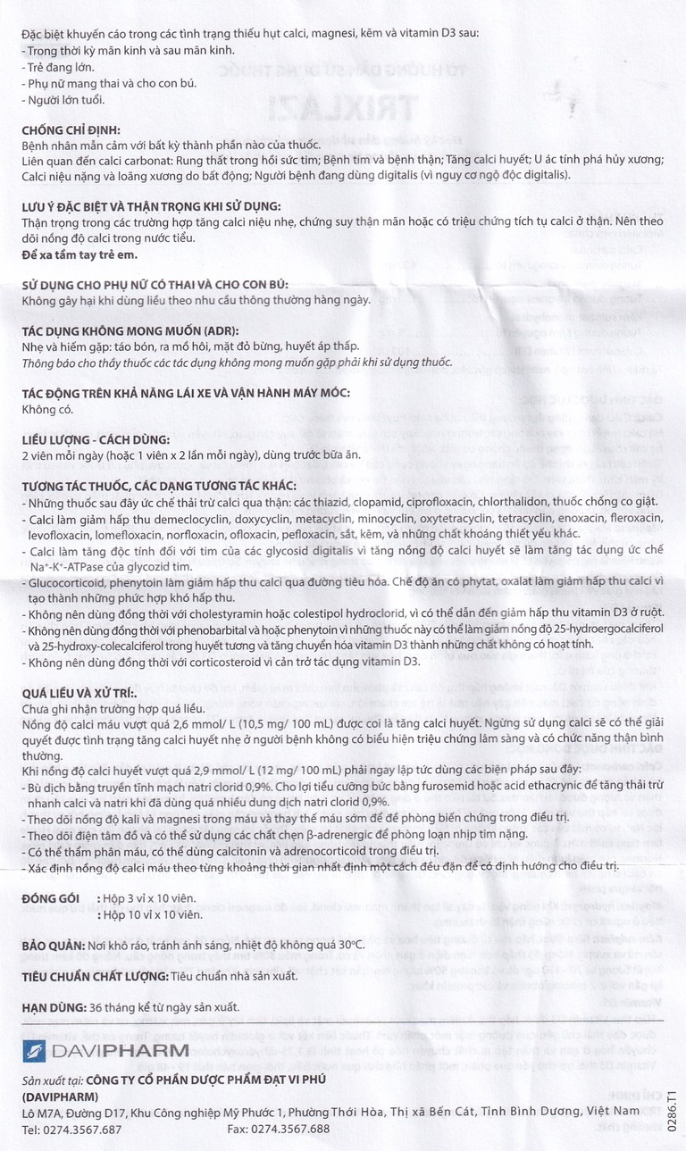 Thuốc Trixlazi DaviPharm bổ sung canxi, magnesi, kẽm và Vitamin D3 (3 vỉ x 10 viên)