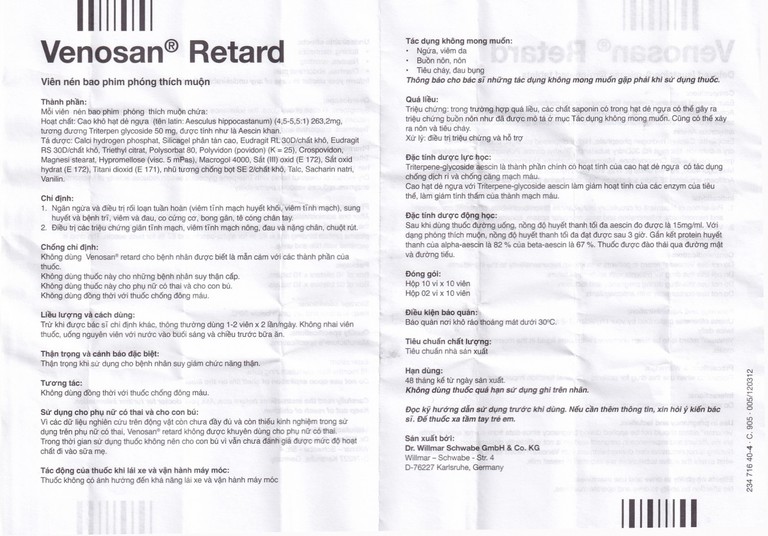 Thuốc Venosan Retard 263.2mg Dr. Willmar Schwabe điều trị viêm tĩnh mạch huyết khối (10 vỉ x 10 viên)