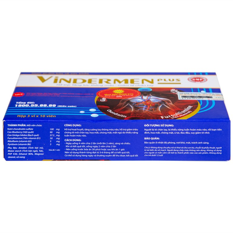 Viên uống Vindermen Plus Vinh Gia hỗ trợ hoạt huyết, tăng cường lưu thông máu não (3 vỉ x 10 viên)