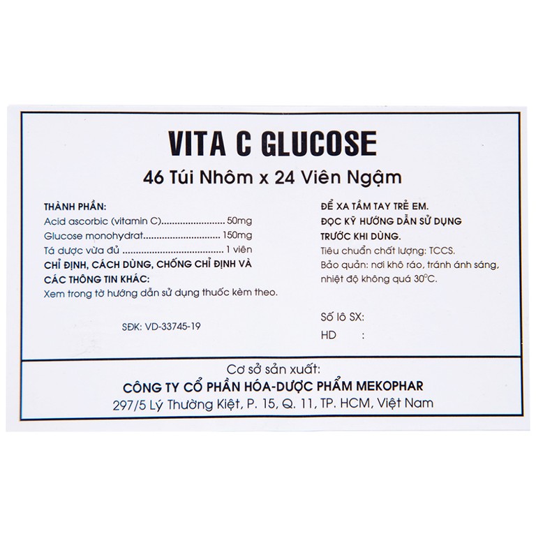 Viên ngậm Vita C Glucose Mekophar bổ sung Vitamin C (46 túi nhôm x 24 viên)