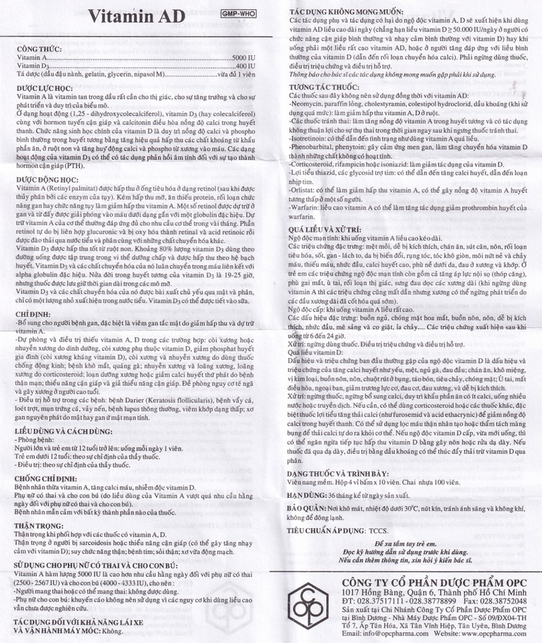 Thuốc Vitamin AD OPC dự phòng, điều trị thiếu Vitamin A và D (4 vỉ x 10 viên)