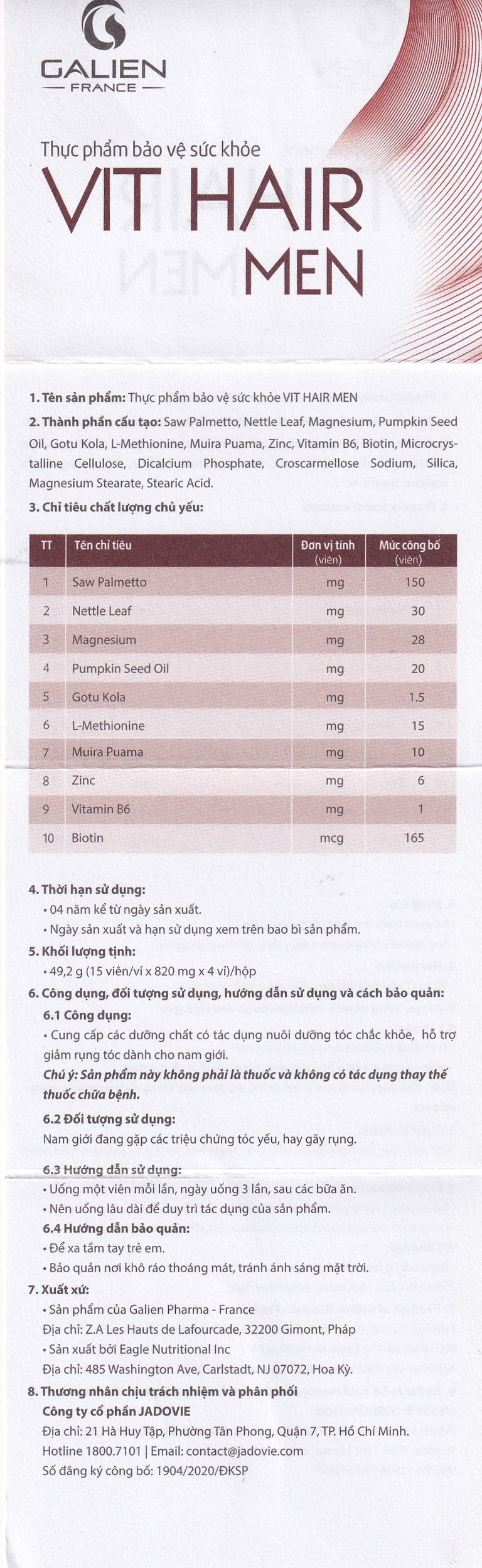 Viên uống Vit Hair Men Galien hỗ trợ giảm rụng tóc dành cho nam giới (4 vỉ x 15 viên)