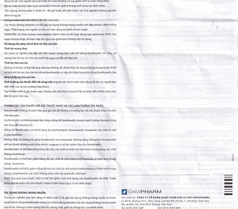 Thuốc Xonatrix Forte 180mg DaviPharm điều trị triệu chứng viêm mũi dị ứng theo mùa (10 vỉ x 10 viên)