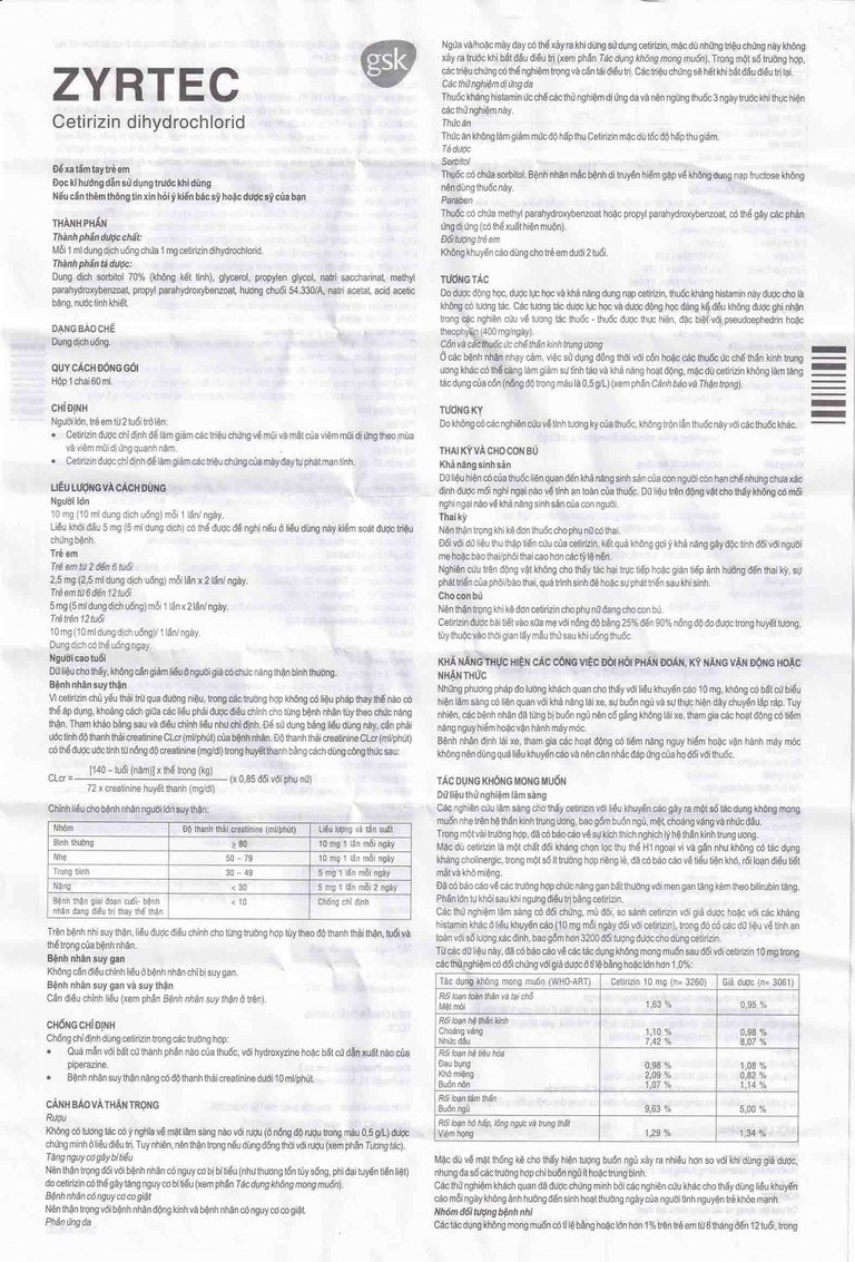 Dung dịch uống Zyrtec GSK giảm viêm mũi dị ứng, mày đay tự phát, mạn tính (60ml)