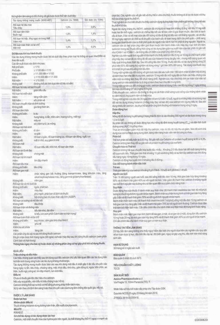 Dung dịch uống Zyrtec GSK giảm viêm mũi dị ứng, mày đay tự phát, mạn tính (60ml)