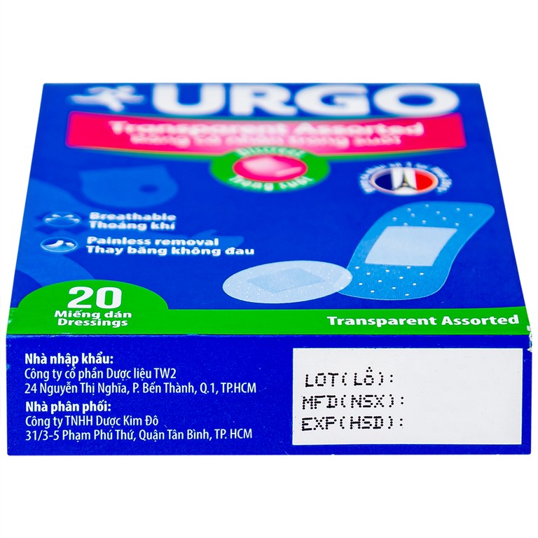 Băng cá nhân trong suốt Urgo Transparent Assorted bảo vệ các vết thương nhỏ, vết trầy xước, rách da (20 miếng)