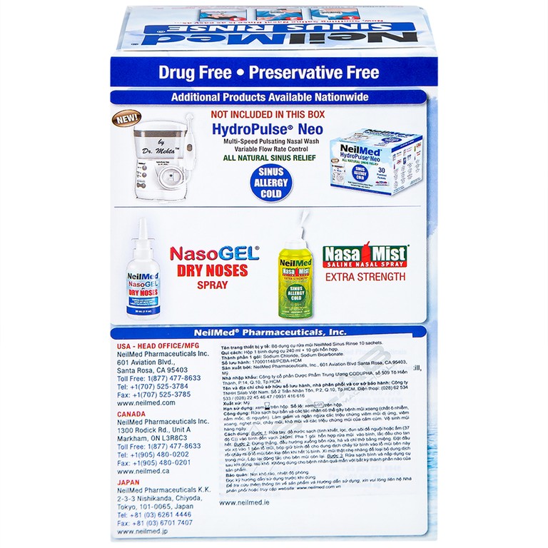 Bộ dụng cụ 1 bình + 10 gói bột rửa mũi NeilMed Sinus Rinse làm sạch và ngăn ngừa chứng viêm mũi dị ứng