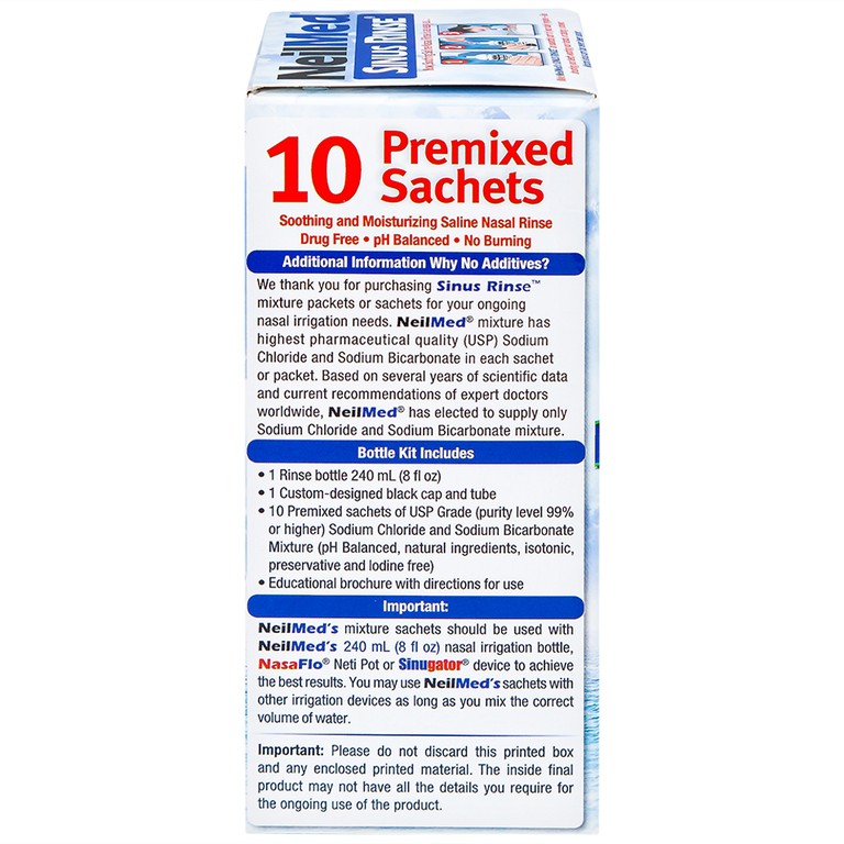 Bộ dụng cụ 1 bình + 10 gói bột rửa mũi NeilMed Sinus Rinse làm sạch và ngăn ngừa chứng viêm mũi dị ứng