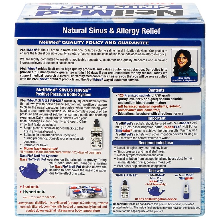 Gói hỗn hợp pha dung dịch rửa mũi NeilMed Sinus Rinse giảm và ngăn ngừa các chứng viêm mũi dị ứng (120 gói)