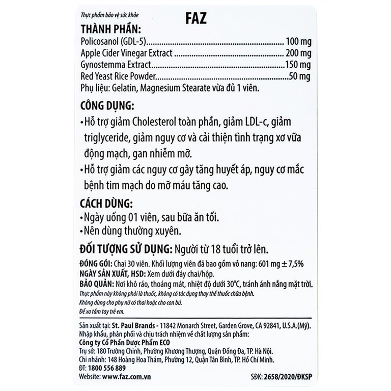 Viên uống FAZ Ecogreen hỗ trợ giảm cholesterol toàn phần, giảm LDL-c (30 viên)