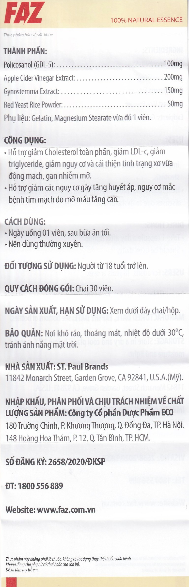 Viên uống FAZ Ecogreen hỗ trợ giảm cholesterol toàn phần, giảm LDL-c (30 viên)