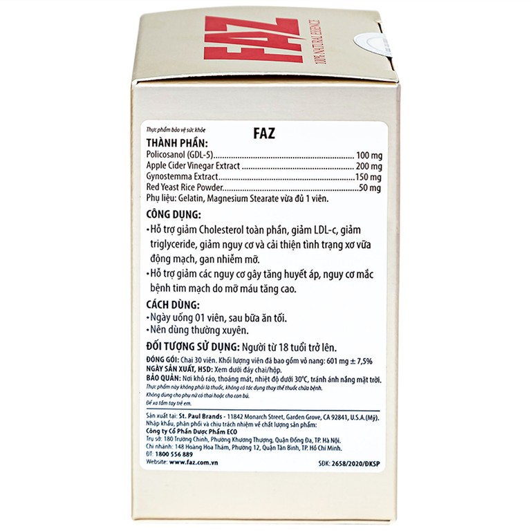 Viên uống FAZ Ecogreen hỗ trợ giảm cholesterol toàn phần, giảm LDL-c (30 viên)