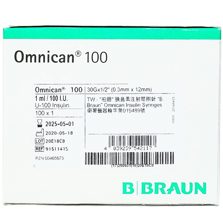 Kim tiêm tiểu đường B.Braun Omnican 1ml/100 I.U màu cam dùng cho người tiểu đường (100 cái)