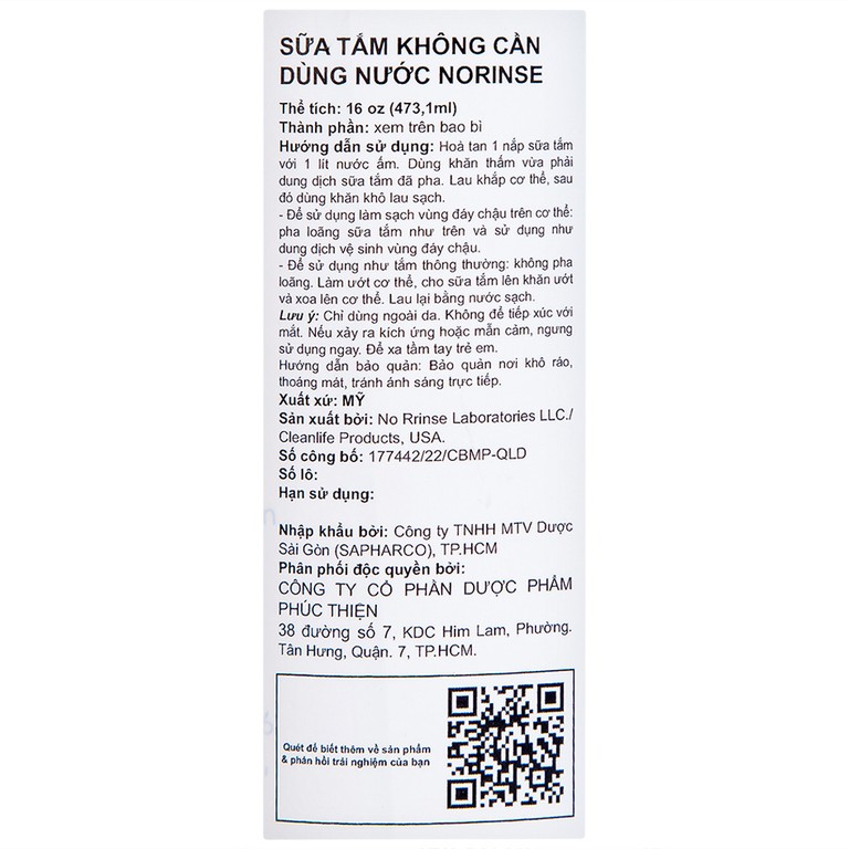 Sữa tắm Norinse Body Bath làm sạch da không cần dùng nước (473.1ml)