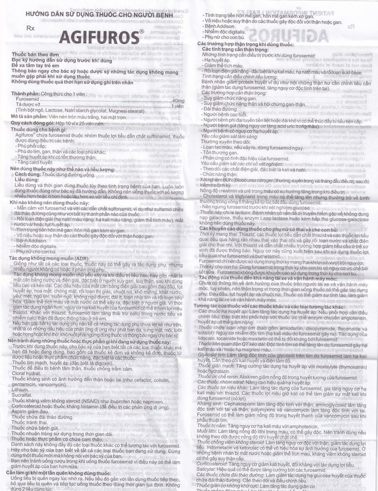 Thuốc Agifuros 40mg Agimexpharm điều trị phù phổi cấp, phù do tim, gan, thận (10 vỉ x 25 viên)